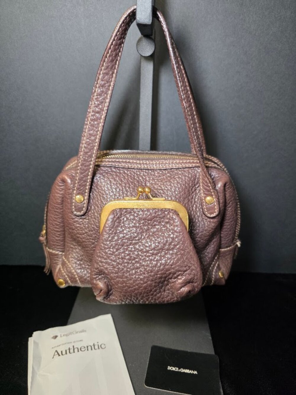 Dolce & Gabbana Brown Pebbled Kisslock Mini Satchel Authenticated